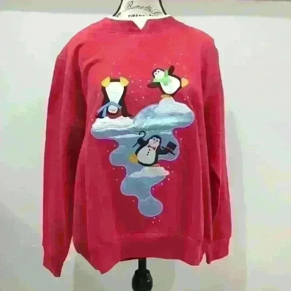 🌴2/$25🌴CW CLASSIC | Women's Red Playful Penguins Christmas Fleece Sweatshirt
